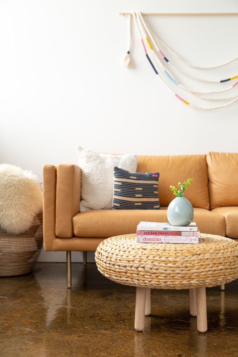 a coffee table made from an ikea alameda stool