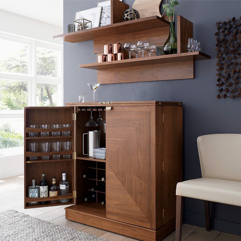 open bar cabinet in wood