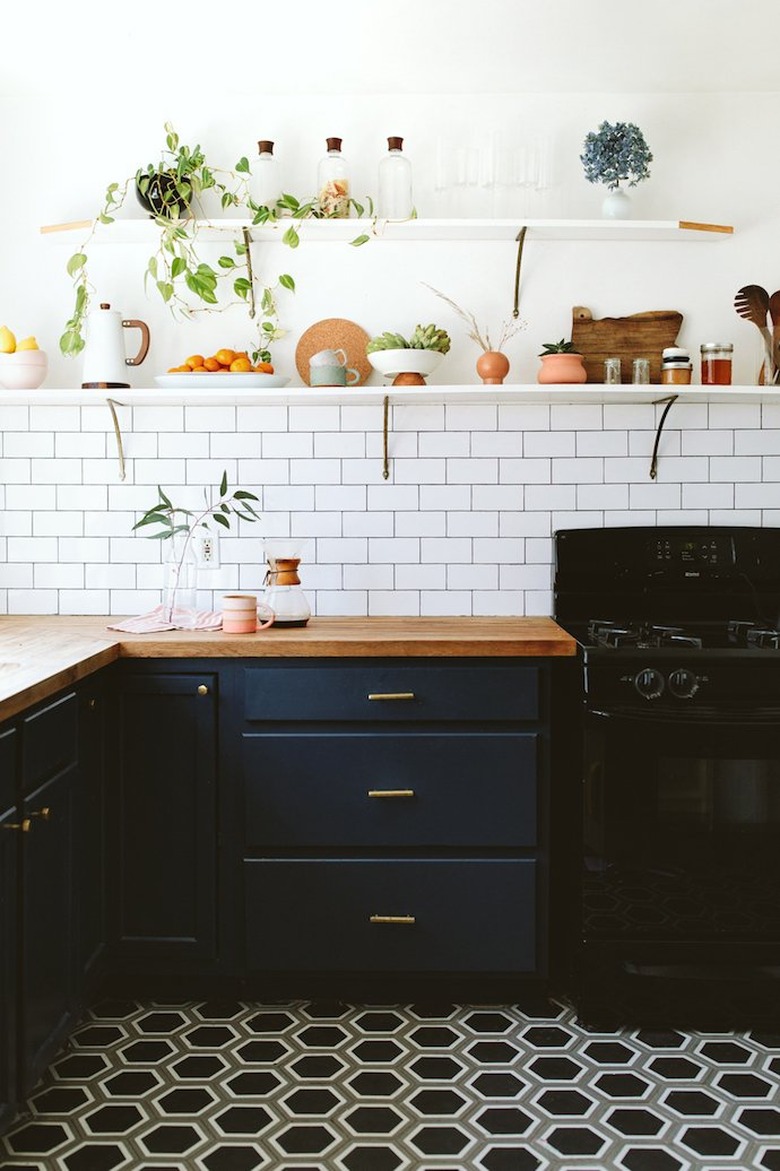 midcentury kitchen with patterned floor tile