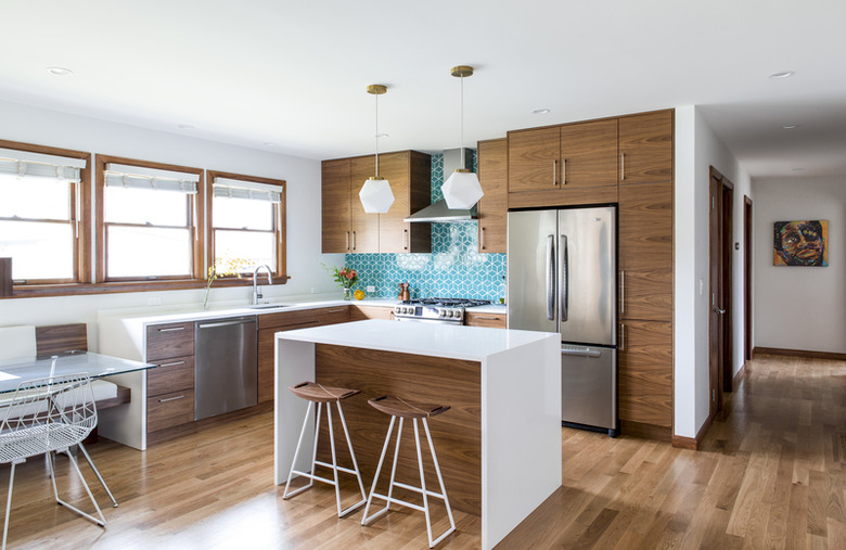 midcentury kitchen with blue backsplash