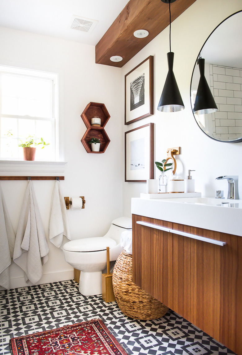 midcentury bathroom remodel with patterned floor tile