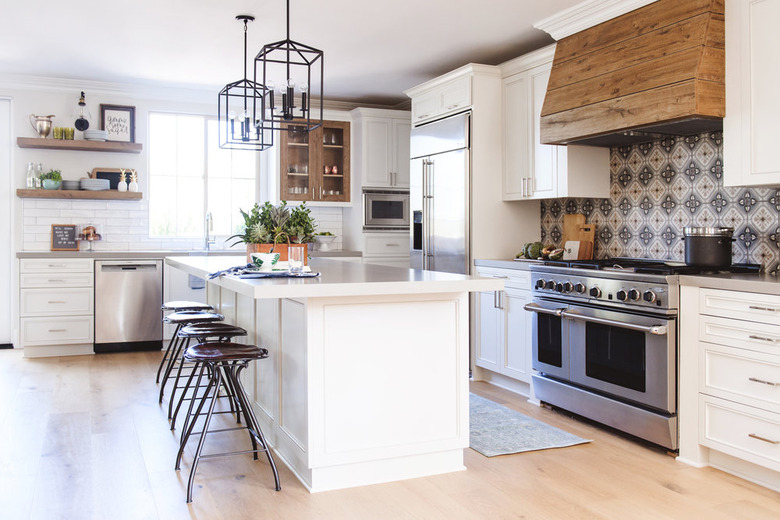 farmhouse L-shaped kitchen with white cabinets