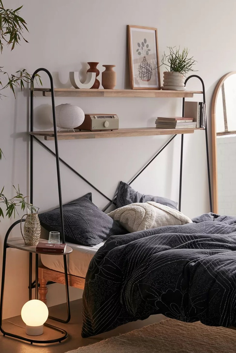 small bedroom storage idea: over-bed shelf