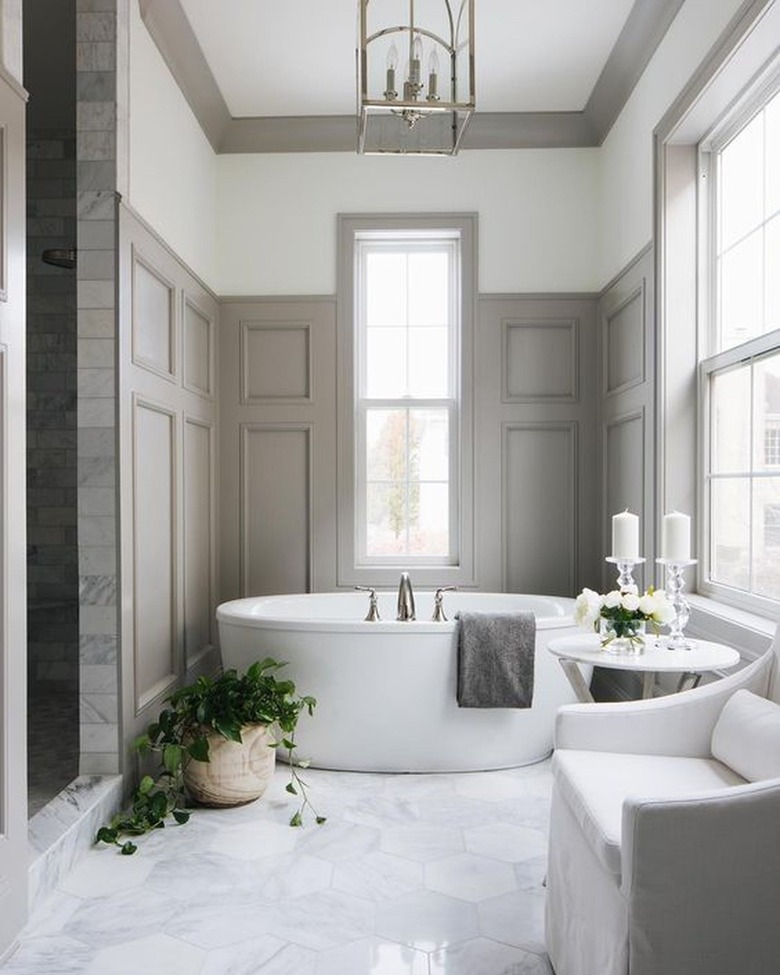 gray bathroom with board and batten wainscoting