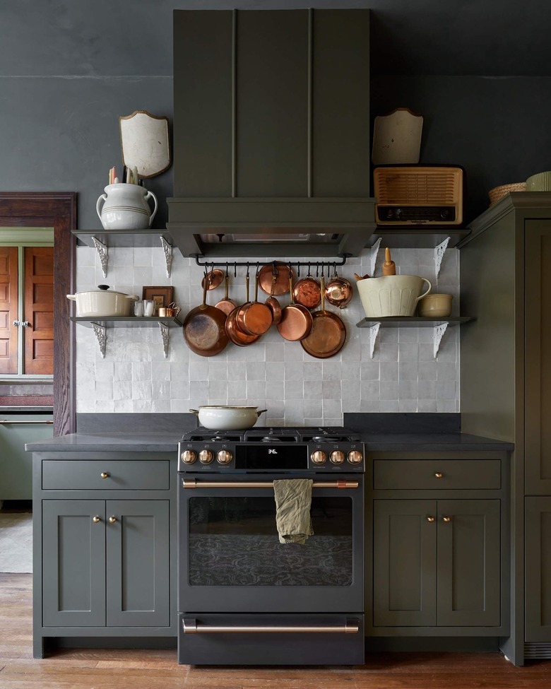 green/black and white kitchen