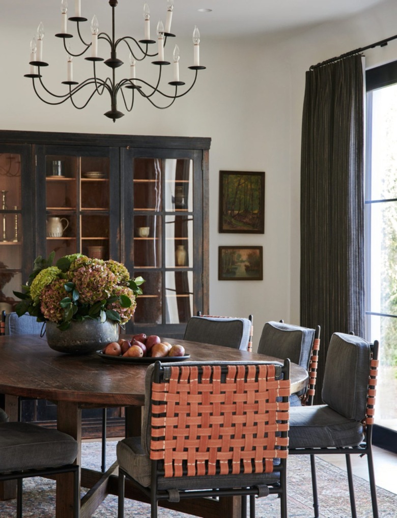 california style rustic dining room with leather woven chairs