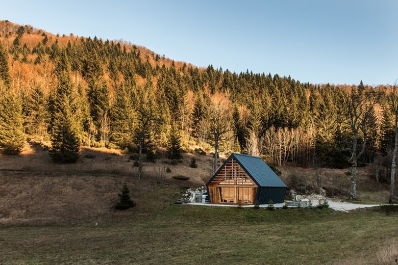 A-frame cabin in the middle of open, wooded area with black steel siding