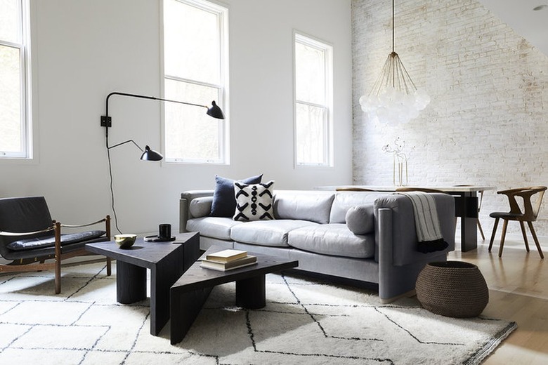 minimalist living room with patterned rug