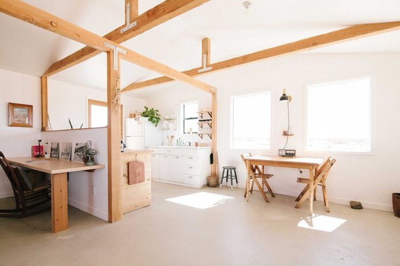 open beams and kitchen layout homesteaders cabin in joshua tree