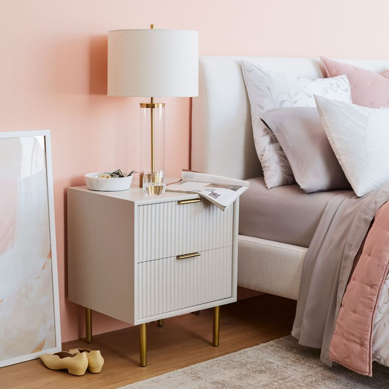 Trending Fall Decor with gray fluted nightstand in pink bedroom