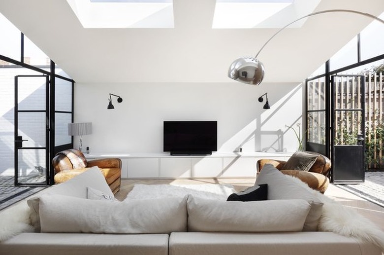 symmetrical living room design with skylights