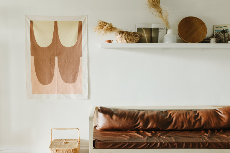 Boho California living room with leather couch