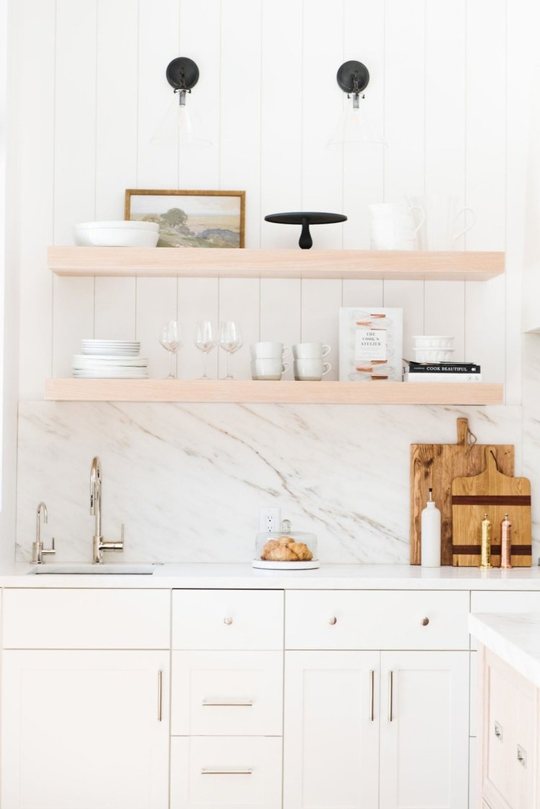 kitchen backsplash idea with marble and tile with open shelving