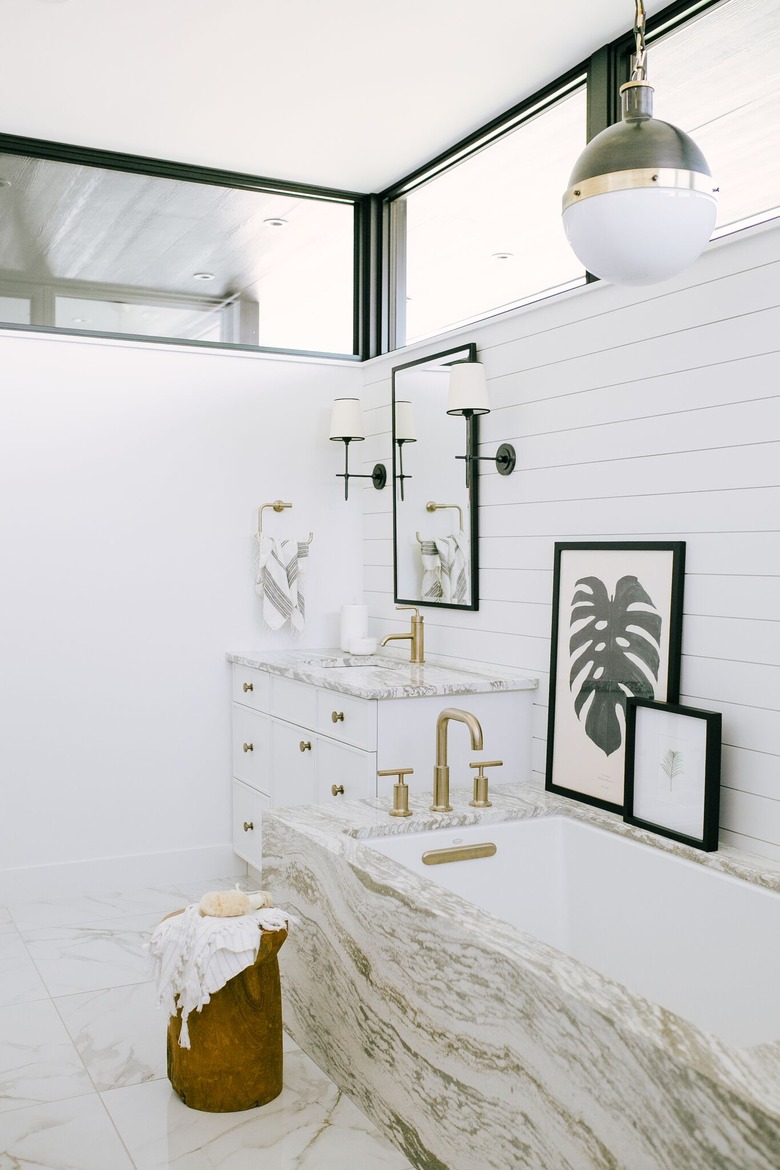 marble bathroom floor tile idea with shiplap on walls