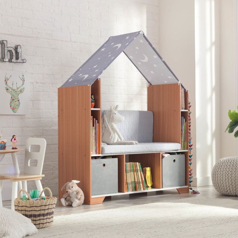 A reading nook with a bench and shelving