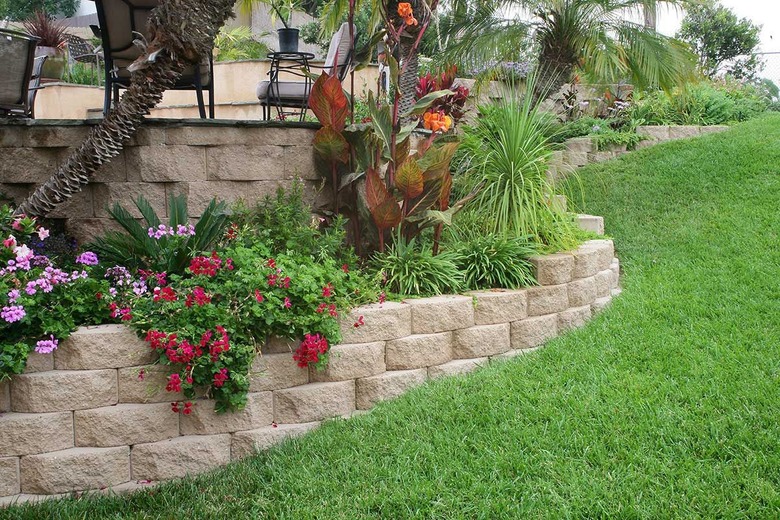 Retaining walls and garden plants.