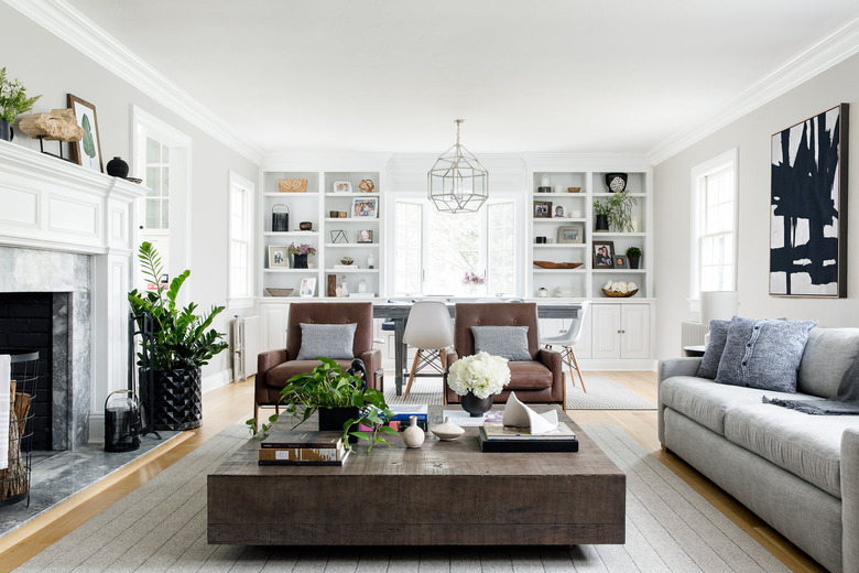 farmhouse living room with hardwood floors