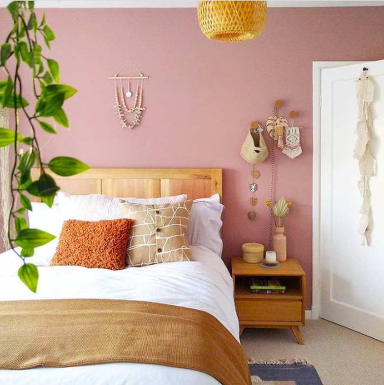 Boho bedroom with hanging plants, macrame accents and mauve wall paint.