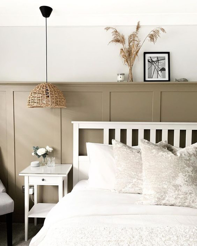 traditional IKEA bedroom idea with greige wainscoting