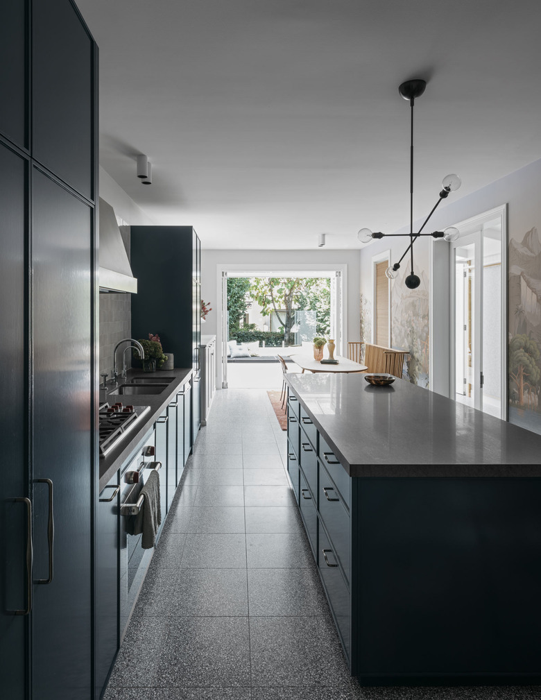 Blue cabinets and gray countertops