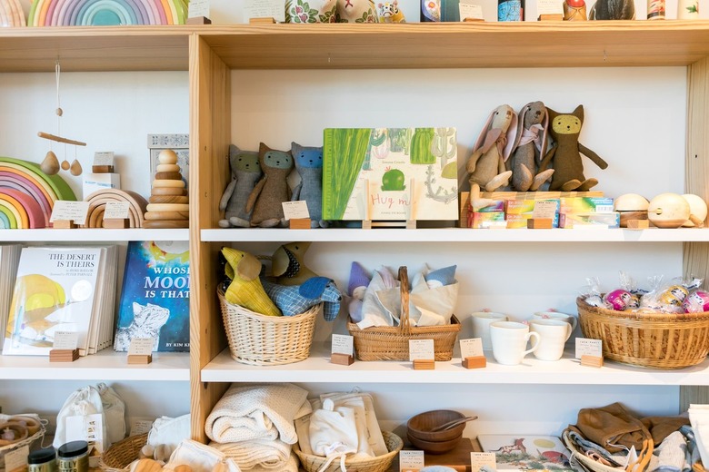 Shelving with children's stuffed animals and toys