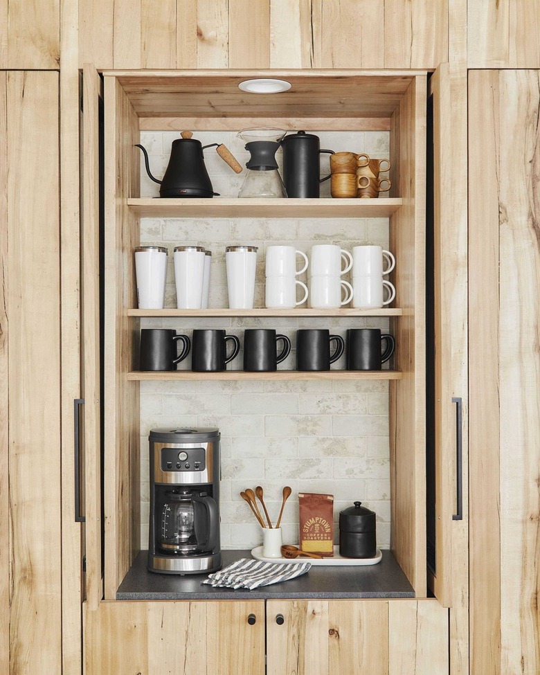 coffee appliance garage in paneled oak kitchen