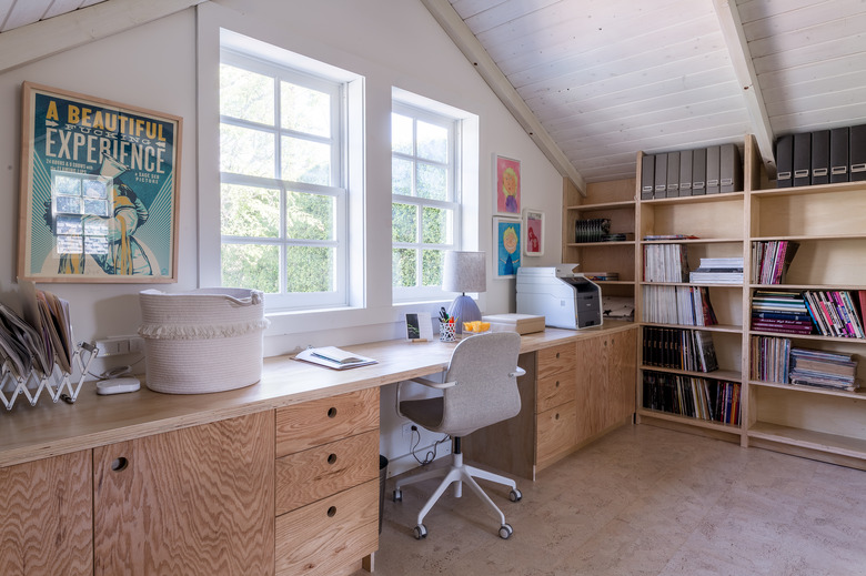 Home office with wood built-ins