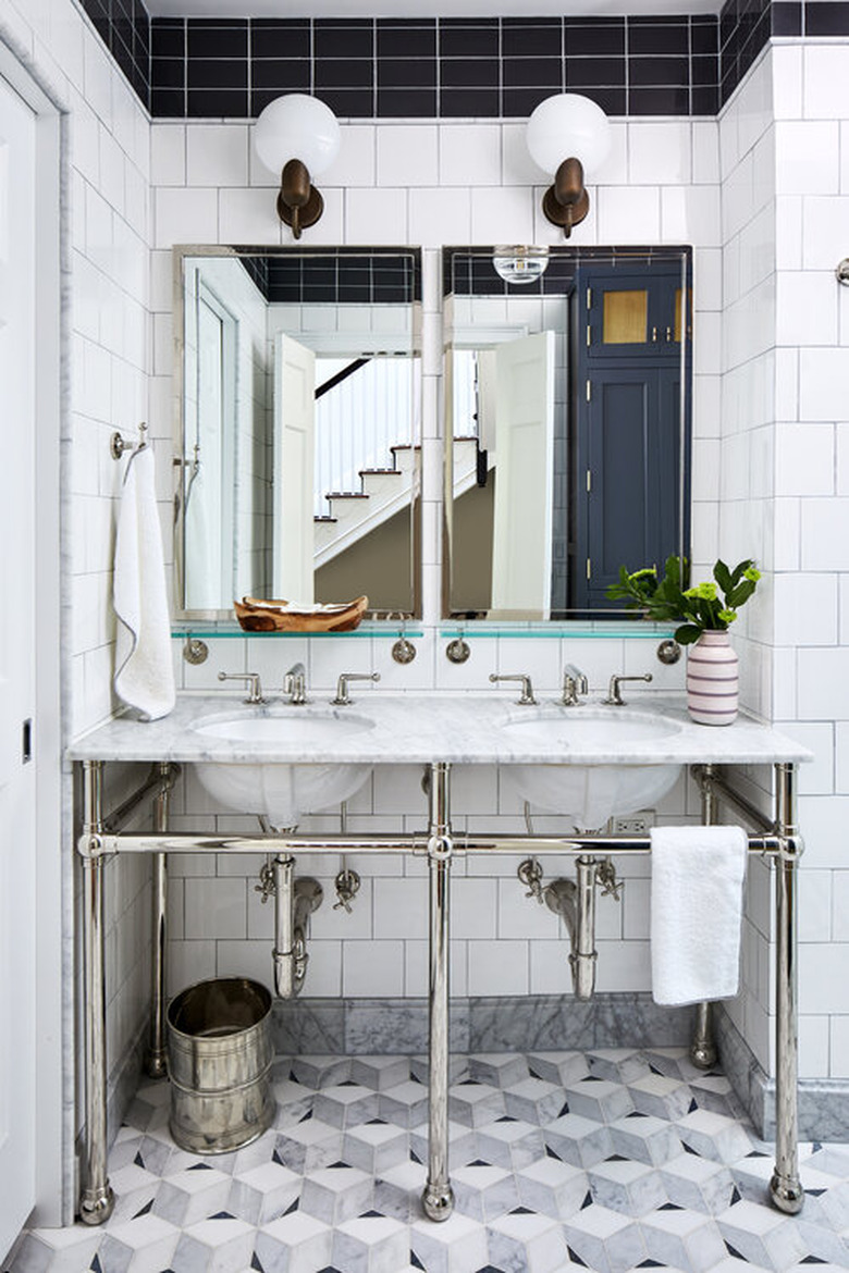 art deco tile in bathroom with marble mosaic flooring