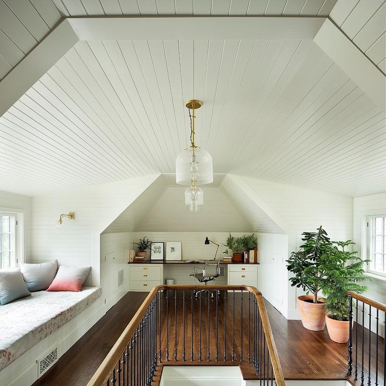 attic idea with office and shiplap ceiling and bench seat