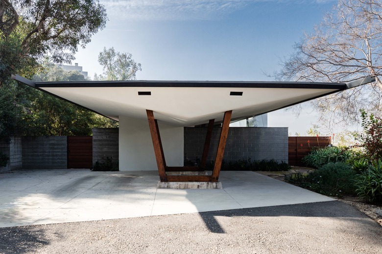 Parking area of midcentury home by John Lautner owned by Trina Turk in Echo Park