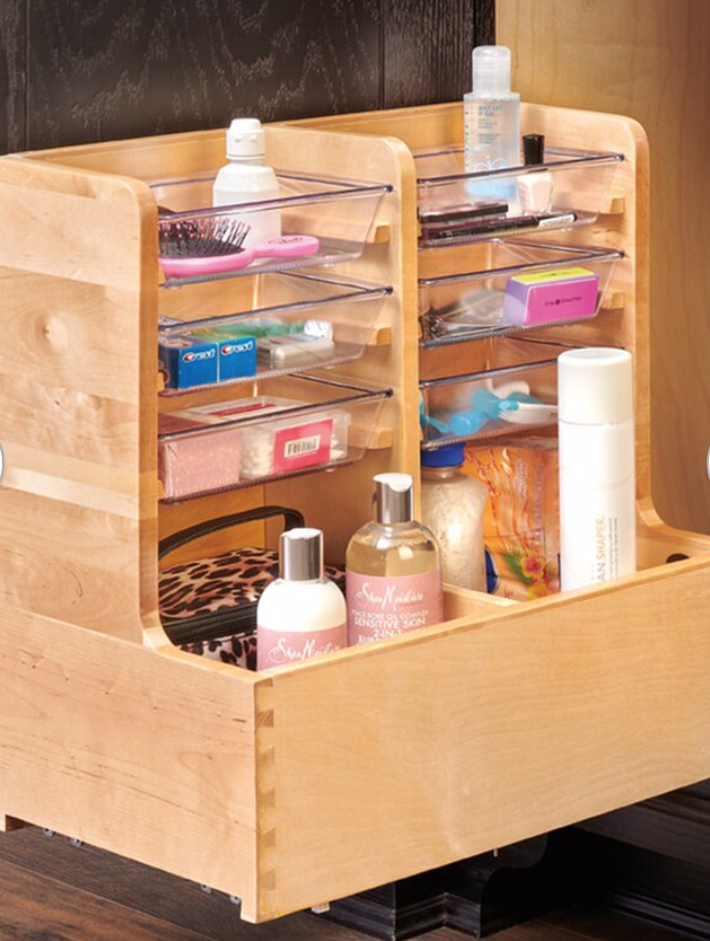 Pull out under sink wood shelf storage.