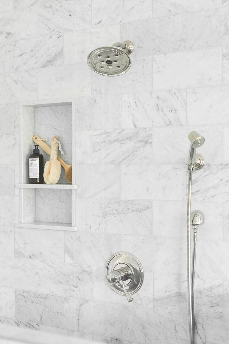 bathroom organization idea for marble shower