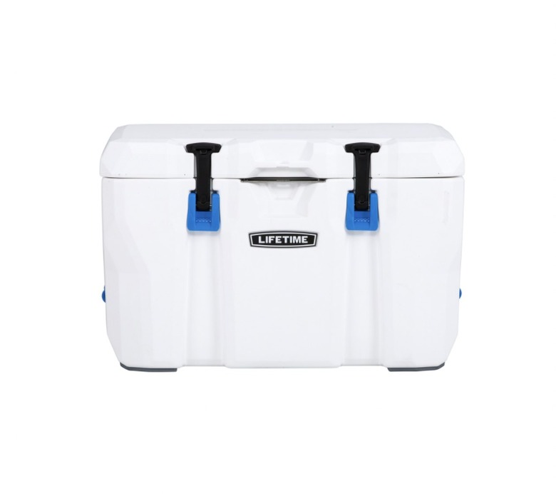 White cooler with blue and black buckles