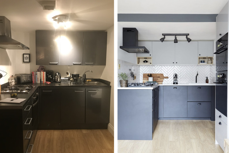 before and after of greyscale IKEA kitchen makeover