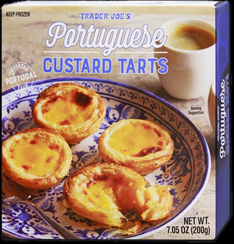 Trader Joe's Portuguese Custard Tarts in packaging over a white background.