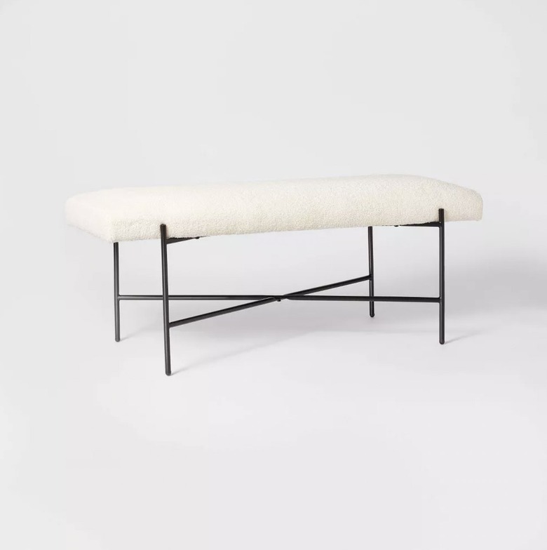 white boucle bench with metal legs