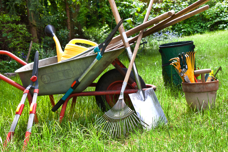 Various gardening tools in the garden