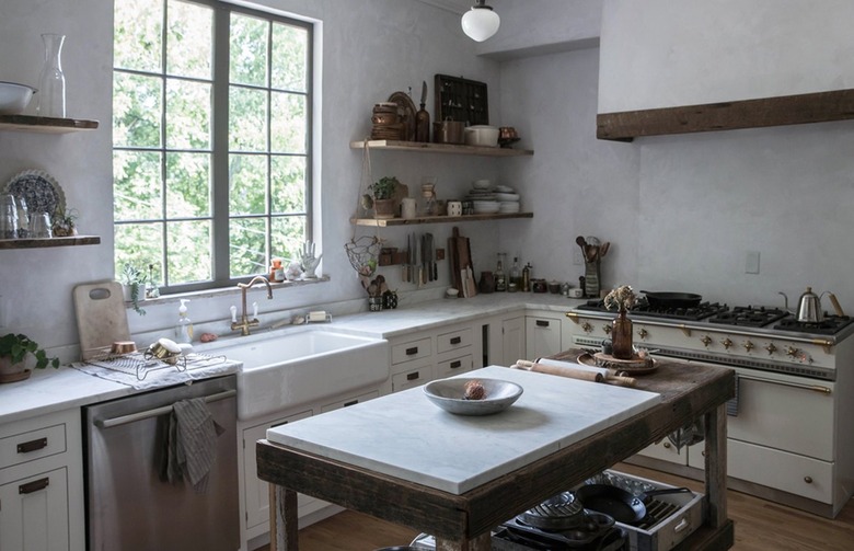 light gray kitchen with plaster walls