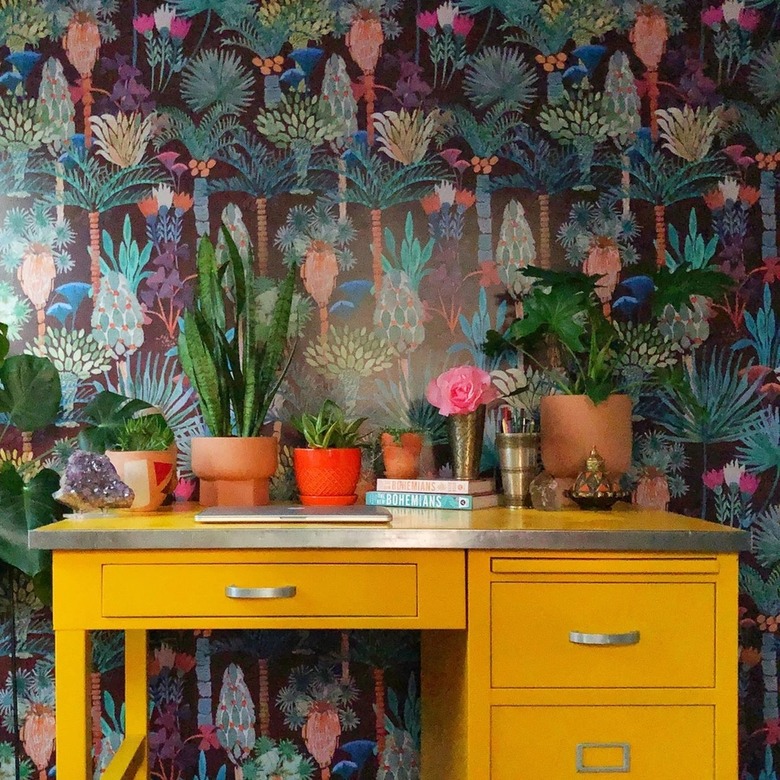 Bold wallpaper with knick knacks