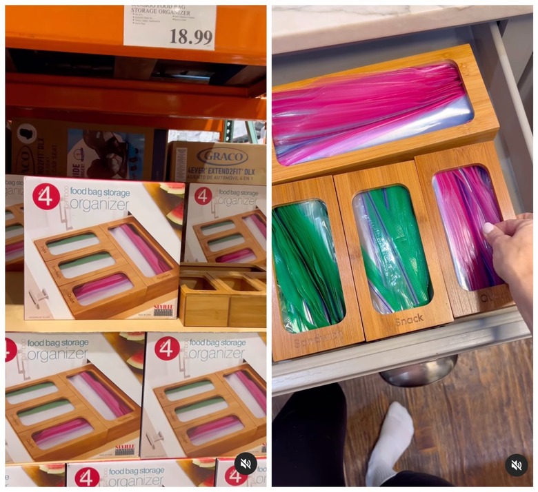 A split-screen image of bamboo Ziploc bag organizers at Costco.