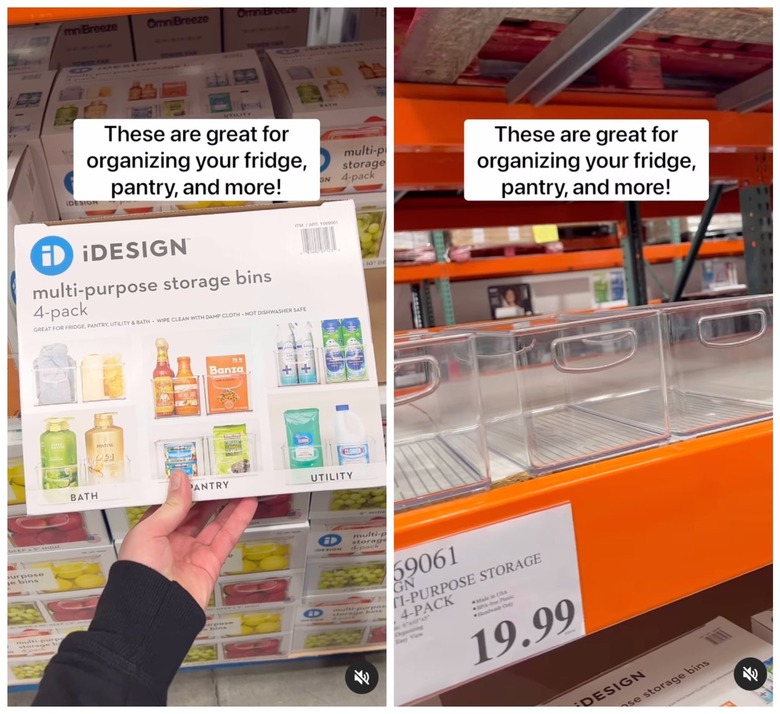 A split-screen image of clear multipurpose storage bins at Costco.