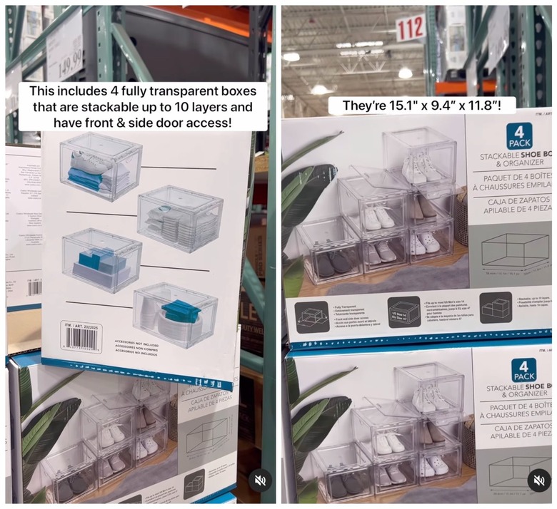 A split-screen image of clear stackable shoe boxes at Costco.