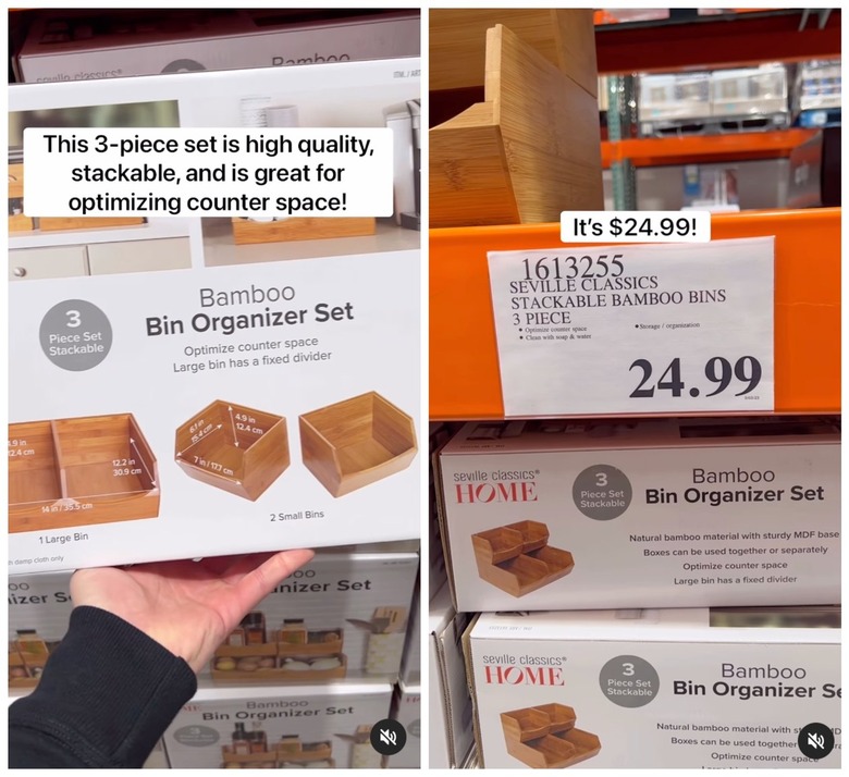 A split-screen image of a bamboo bin organizer set at Costco.