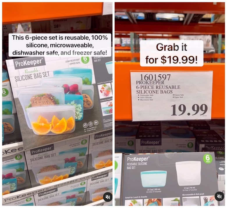 A split-screen image of a silicone bag set at Costco.