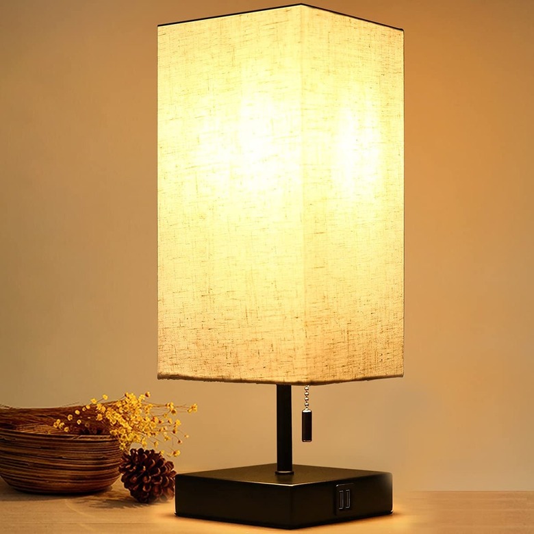 farmhouse table lamp with linen shade and USB ports