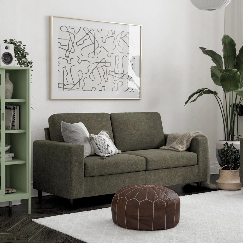 gray linen sofa in sitting room