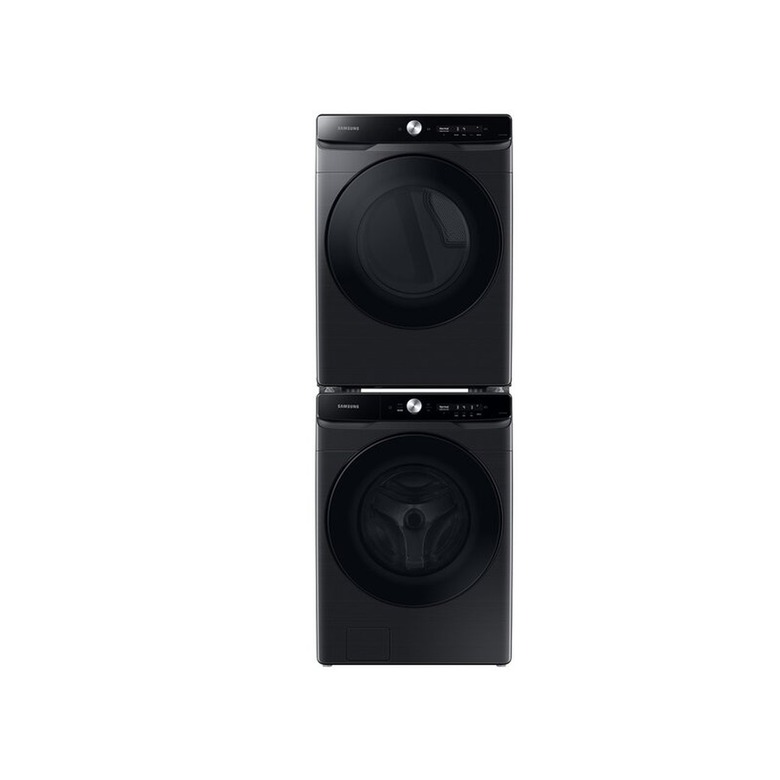 Black Samsung Washer and Dryer stacked