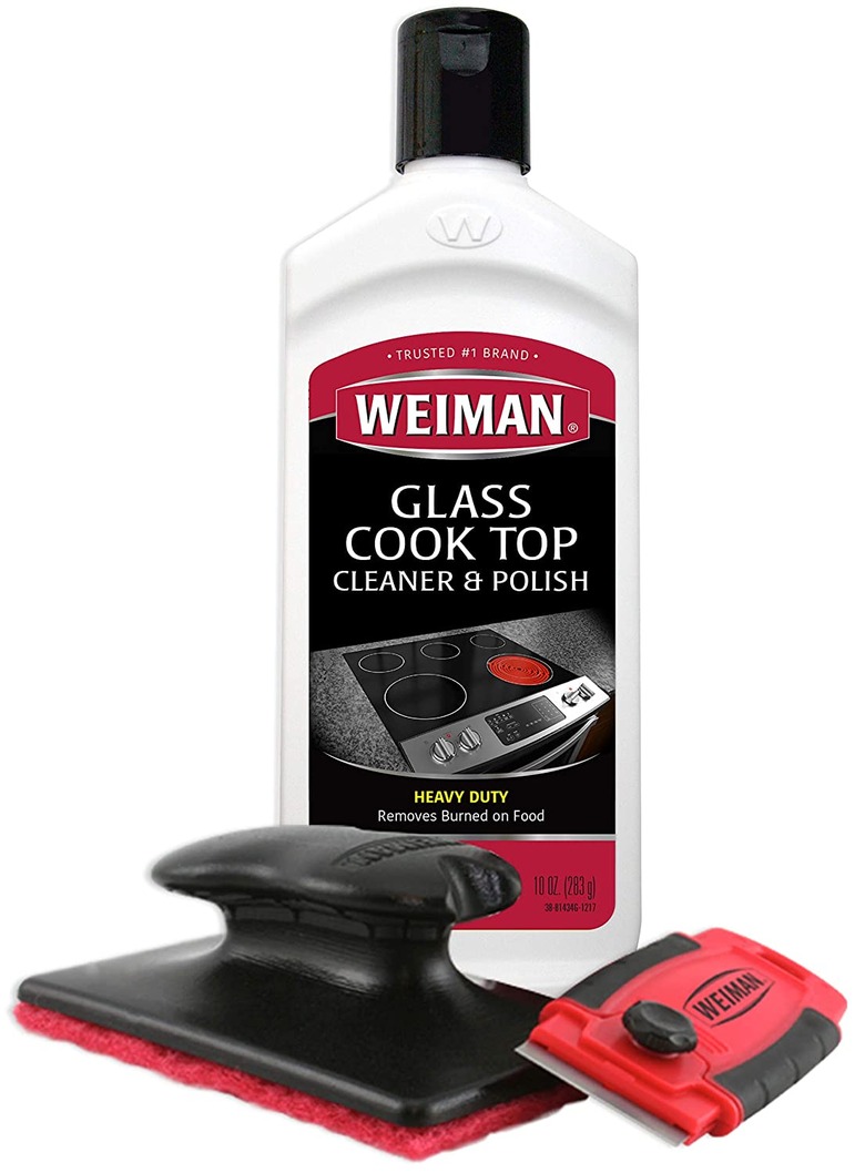 Cooktop cleaner bottle with scraper and pad