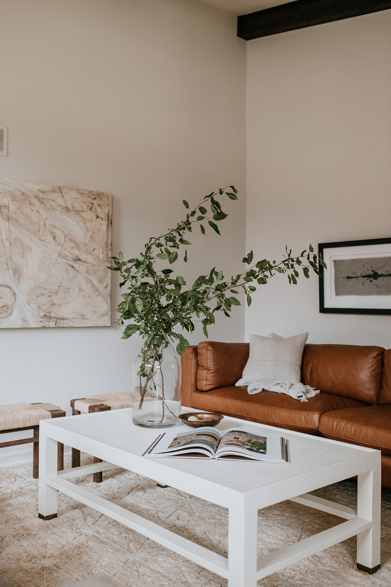 Taupe color living room with leather sofa and white coffee table