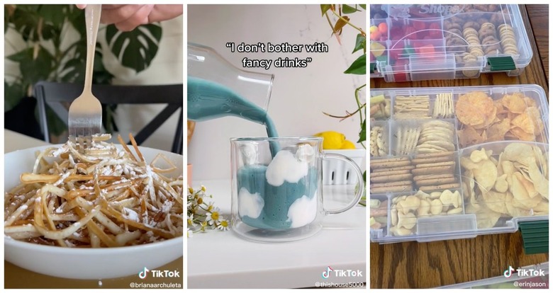 A three-pane image showing pancake spaghetti, a blue spirulina cloud smoothie with white yogurt clouds on the interior glass, and tackle boxes filled with snacks.